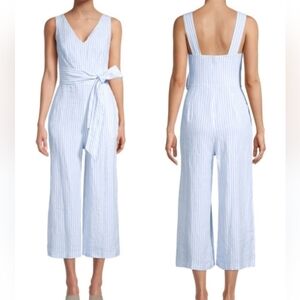 (1307)Saks Fifth Avenue Blue White Stripe Tie V Neck Linen Jumpsuit Size Medium